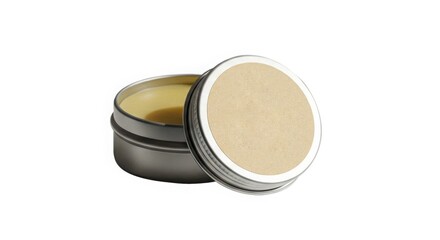 Metal tin of yellow balm with kraft paper label