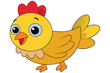 Cartoon Chicken Illustration Cheerful Yellow Bird with Red Comb and Big Blue Eyes