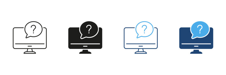 Computer With Question Mark Icon Set. Technical Support, It Help, And Online Assistance Outline And Silhouette Symbol Collection. Customer Service And Troubleshooting. Isolated Vector Illustration