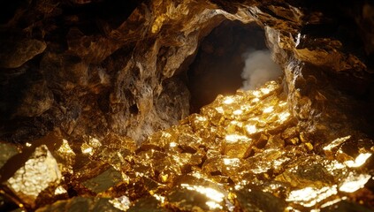 Golden Cave Treasure: A subterranean hoard of glistening gold nuggets fills a dark cave, illuminated by an unseen light source. The scene evokes a sense of mystery and untold riches.