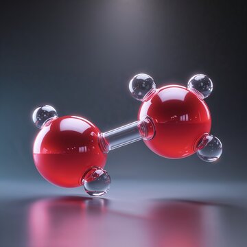 Photoreal H2O2 molecule: two vivid red oxygen spheres single-bonded, each attached to a translucent-white hydrogen sphere; dihedral angle ~94&deg;, glossy reflections, 