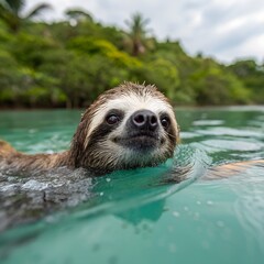 Portrait of a cute Pygmy Three-Toed Sloth (Bradypus pygmaeus) swimming in clear turquoise water with lush green jungle in the background.