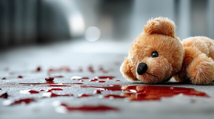 Teddy bear left with blood trail near escalator in public space representing symbolic forensic crime scene, Generative AI