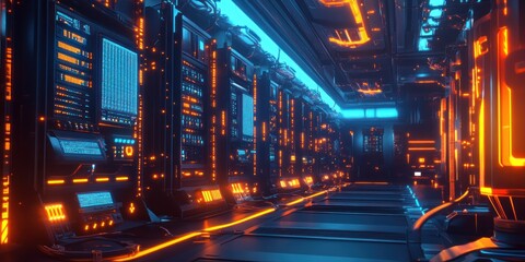 Futuristic Server Room: Neon Lights and Advanced Technology