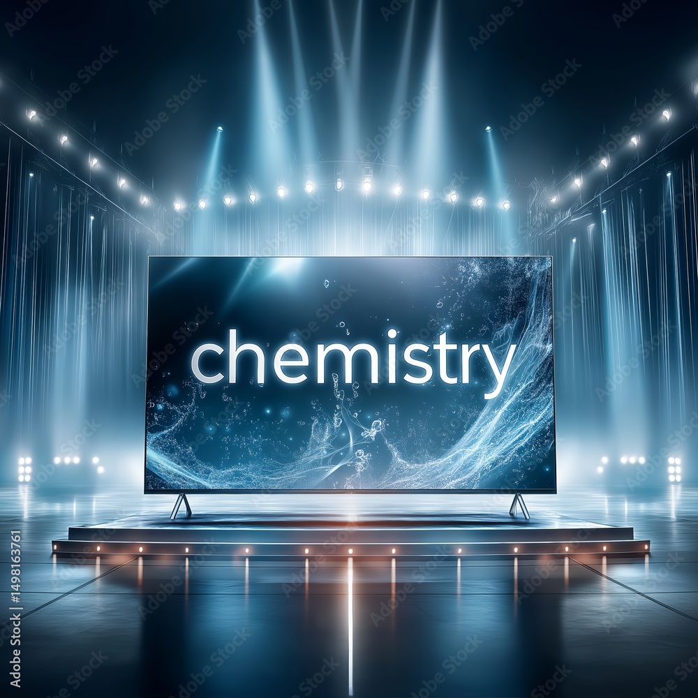 Poster stage display of futuristic smart screen with digital chemistry interface and hologram molecules in 