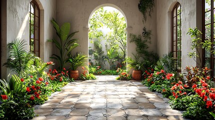Tranquil courtyard garden with arched entrance featuring lush greenery and vibrant red flowering plants image