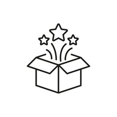 Open Box With Stars Line Icon. Surprise, Creativity, And Innovation Outline Symbol. Unboxing Experience And Excitement. Editable Stroke. Isolated Vector Illustration