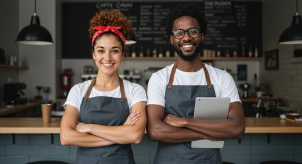 Diverse cafe owners standing with arms crossed behind counter. Small business partnership and entrepreneurship. Coffee shop management and teamwork. Hospitality industry and local business success