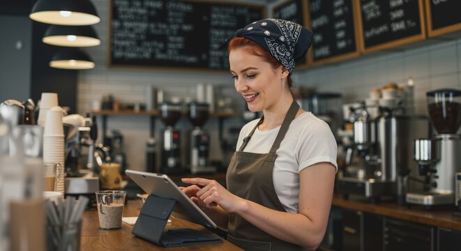 redhead Female barista with bandana using tablet at cafe counter. Small business management, digital technology. Coffee shop operations, inventory control. Modern hospitality and cafe administration - Powered by Adobe
