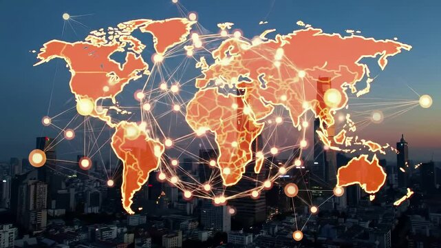 Global network connections overlay on world map with illuminated nodes across continents. Digital international business communications with data links spanning worldwide markets above metropolitan