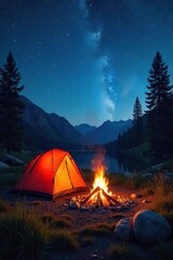 A crackling campfire under a starlit summer sky, illuminating a cozy campsite scene with tent, sleeping bag, and nature's beauty , camping gear, rustic scene