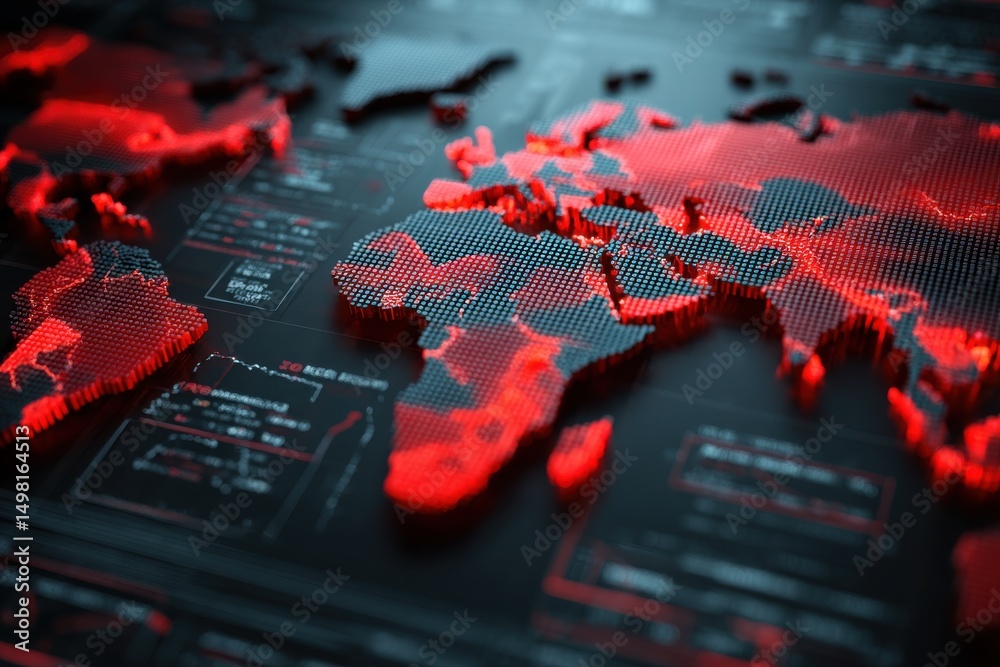 Poster a futuristic holographic world map with red heat zones, displaying global data analysis on a high-te