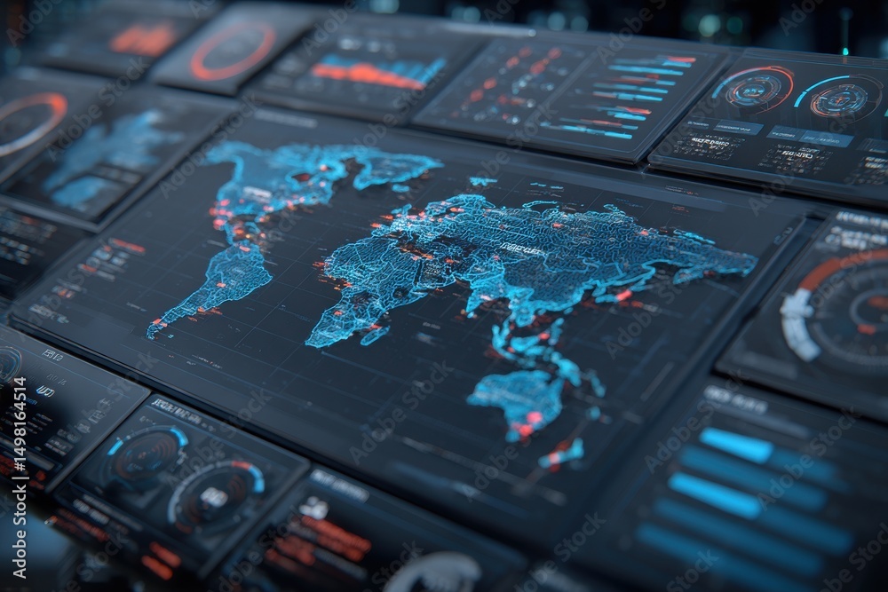 Poster a high-tech futuristic control panel displaying a world map with detailed data visualizations, showc