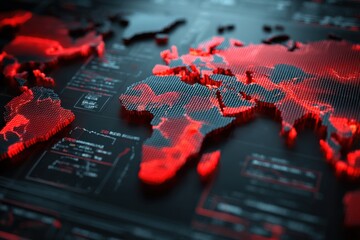 A futuristic holographic world map with red heat zones, displaying global data analysis on a high-tech interface, visualizing critical statistics and trends.