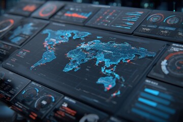 A high-tech futuristic control panel displaying a world map with detailed data visualizations, showcasing global network activity and information analysis interface.