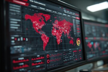 Global threat intelligence displayed on computer screens, showing a world map highlighting widespread attacks and data breaches, with complex data visualizations.