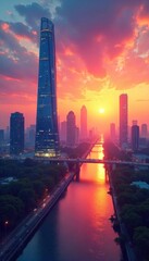 Obraz premium A sleek, modern cityscape at sunset, symbolizing technological advancement and a bright, prosperous future Perfect for illustrating progress, innovation, and opportunity , digital, development