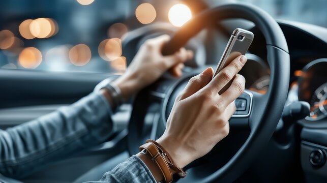 Person using smartphone while driving, illustrating digital distraction and road safety hazards in modern vehicles, Generative AI