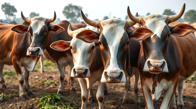 beautiful well-groomed cows on a dairy ecofarm. sacred Hindu cow zebu on a dairy farm called goshala. Hinduism, taking care of the cows, lifestyle.