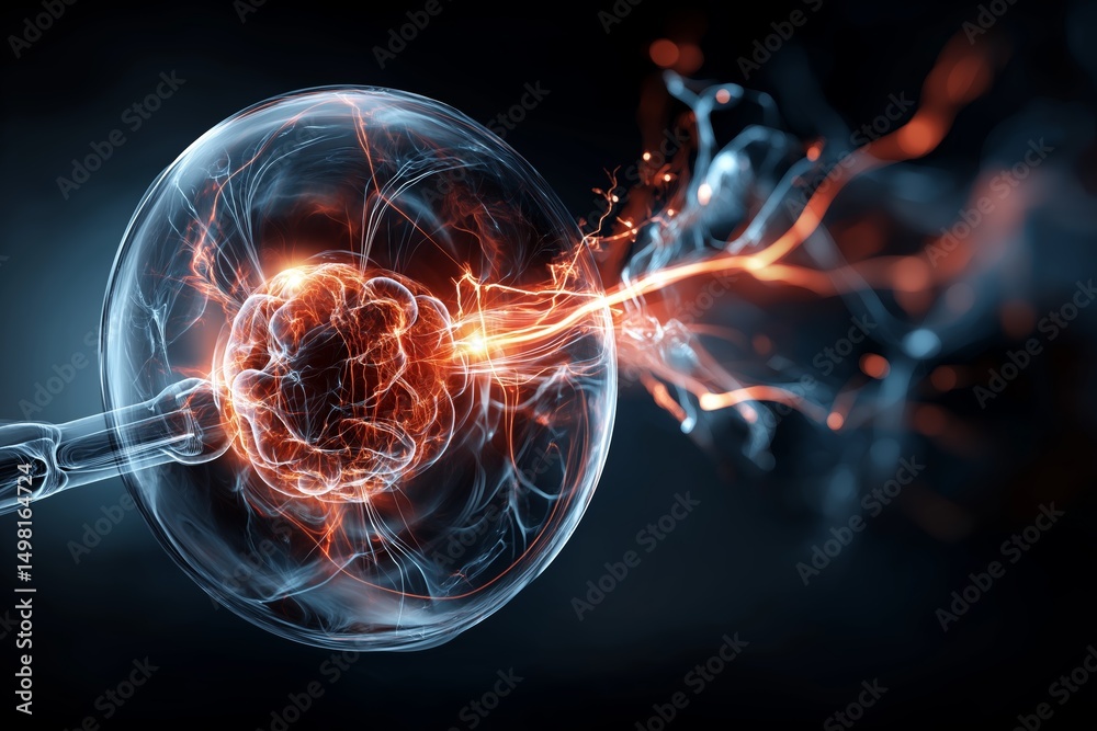 Aufkleber abstract glowing energy cell showing electrical plasma discharge around nucleus in molecular design 