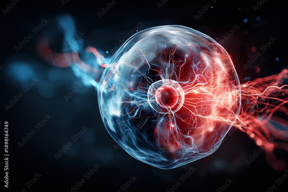 Poster abstract glowing energy cell showing electrical plasma discharge around nucleus in molecular design 