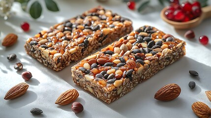 Two delicious energy bars with nuts and seeds showing a close-up shot of a health food image