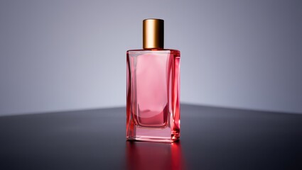 Elegant perfume bottle with pink liquid and gold cap on dark surface