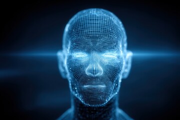 A futuristic rendering of a human head as a digital wireframe, glowing with vibrant blue light, representing artificial intelligence and technological advancement.