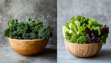 Fototapeta premium Fresh Leafy Greens in Wooden Bowls: Kale and Lettuce Variety