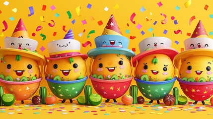 Whimsical cartoon illustration of a festive National Ceviche Day parade, adorable food characters marching with ceviche bowl float, cheerful expressions