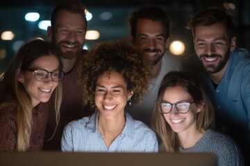 Obraz premium Enthusiastic multiracial colleagues gleefully gazing at a computer screen in a dimly lit office, exuding teamwork and shared success, celebrating the end of a project.