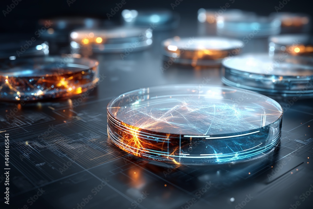 Poster futuristic petri dishes showing glowing strands of synthetic biology and digital biotech interaction