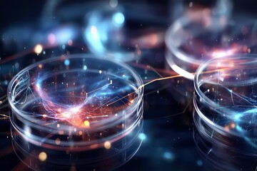 Futuristic petri dishes showing glowing strands of synthetic biology and digital biotech interaction in lab, Generative AI