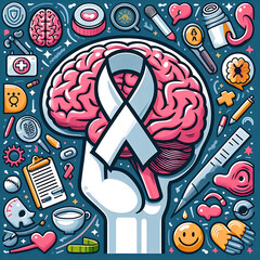 Brain Cancer Awareness Calligraphy Poster and banner Design. Realistic Ribbon .Cancer Awareness Month is  May. Vector illistration