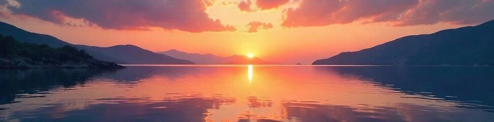 Serene landscape at sunset, tranquil water reflecting the calm sky Perfect for relaxation, mindfulness, and well-being themes Escape the chaos and find your peace , stress free, peace