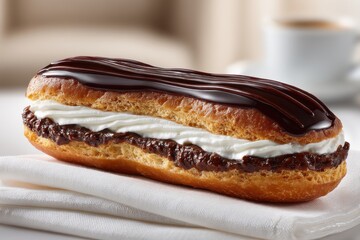 Delicious chocolate eclair filled with cream on a white napkin, perfect for a sweet treat, with a shiny dark chocolate glaze on top of the pastry.