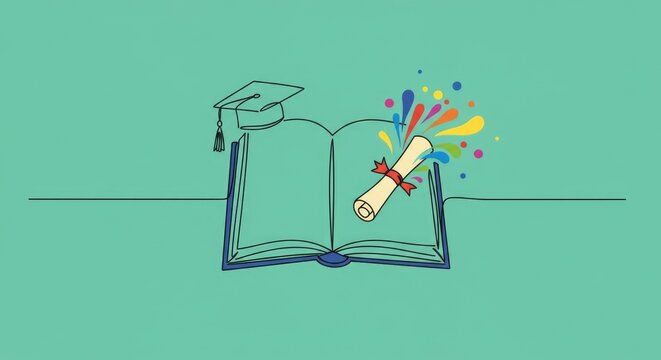Minimalist Graduation Illustration in Bright Colors Featuring Diploma, Cap, and Open Book Representing Academic Success and Celebration with Copy Space
