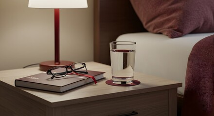 Cozy Bedroom Nightstand Scene: Water Glass, Reading Glasses, and Book Under Warm Lamp Light, Evoking Relaxation and Sleep Prep in a Calming Interior Setting