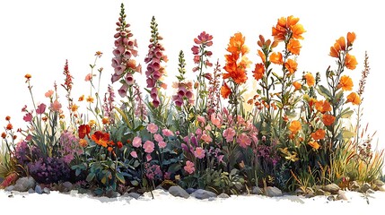 Watercolor illustration depicting a vibrant display of colorful wildflowers in a sunny garden image