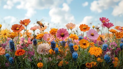 Vibrant wildflowers meadow scene with colorful blossoms and busy bees in a sunny bright image