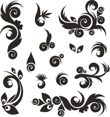 Vector Chinese ornamental floral designs set with peacock feathers, flowers, leaves, swirls. Exquisite decorative luxury designs, typical for Asian cultural tradition. Black and white vinyl-ready art