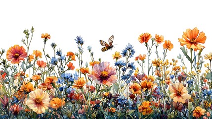 Watercolor painting of colorful wildflowers with a butterfly in a dreamy summer image