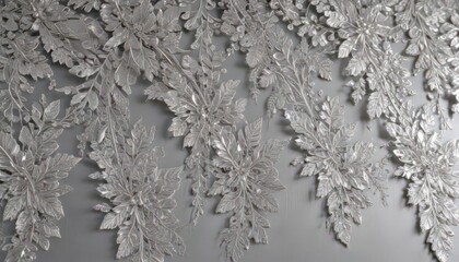 Luxurious silver leaf lace, shimmering backdrop  Intricate details , texture, leaves, shiny