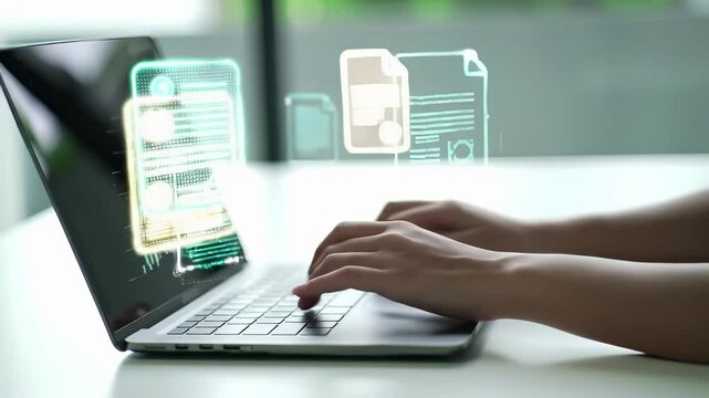 Hands typing on laptop with futuristic holographic building blueprint projection. Digital architecture visualization interface with technical data analysis. Modern technology workspace for engineering