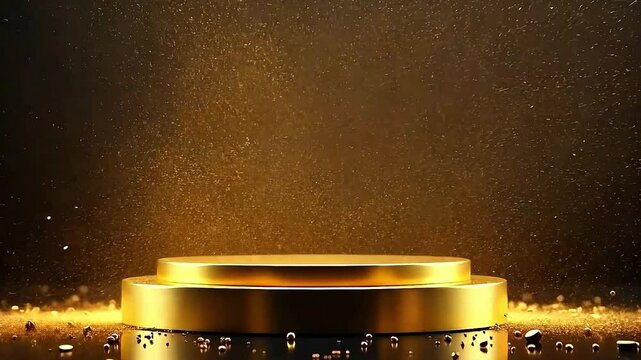 Minimal gold and black scene with podium. Round stage mockup for presentation and promotion, 3d render, falling golden confetti