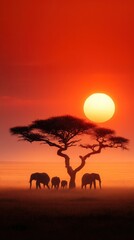 African elephants under red sunset sky	
