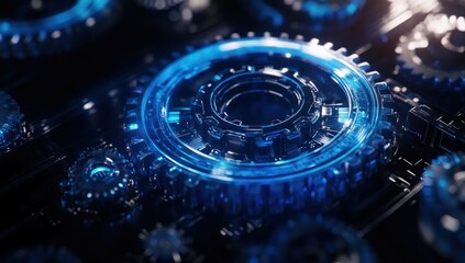Futuristic Gearing Mechanism:  A Symphony of Blue-Lit Cogs