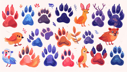 Fototapeta premium A whimsical collection of colorful animal paw prints, bird illustrations, and a deer, set against a pale background with simple floral accents
