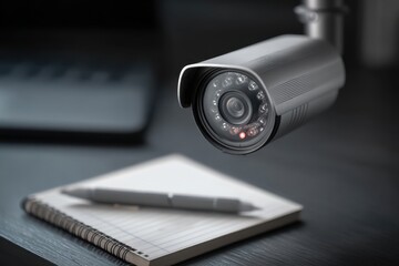 A modern surveillance camera with advanced infrared night vision, positioned above a notepad, security system ensuring safety and privacy with recording, monitoring and protection.