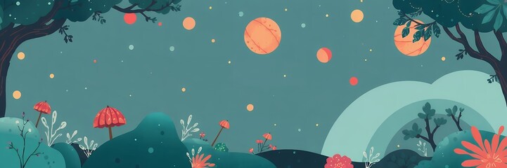 A whimsical landscape with trees, mushrooms, planets, and colorful flora under a teal sky